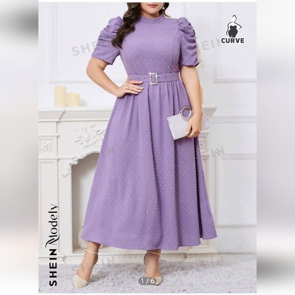 Shein Modely Plus Size Swiss Dot Print Casual A-Line Dress with waist tie dress.